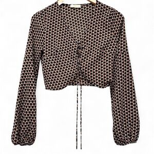 Chrysanthemum Black Orange Patterned Long Sleeve Tie Front Cropped Blouse XS